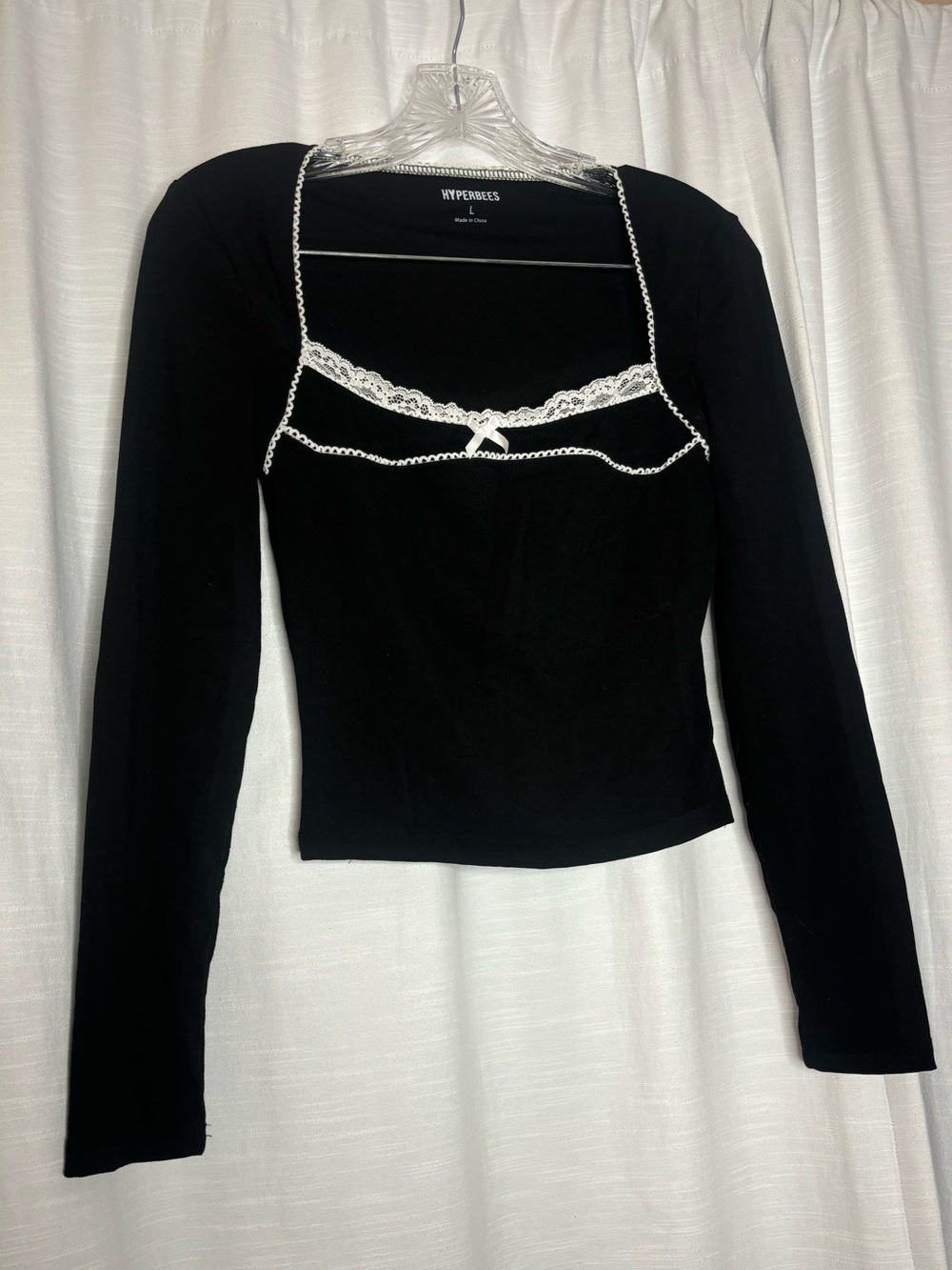 Black Long-Sleeve Lace-Trim Top